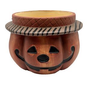 Crazy Mountain Pumpkin Bucket Ceramic Halloween 6.5" Jack O Lantern Handle *READ